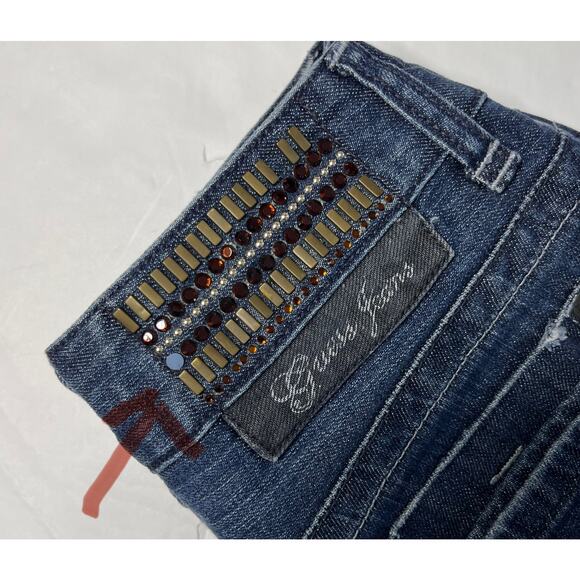 Guess Foxy Embellished Stretch Flared Jeans 24 Denim‎ Gem Jewels Whiskered Studs - Picture 11 of 13